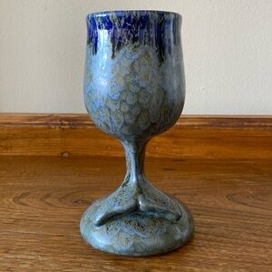 Vintage Art Pottery Doug Wylie Whale Tail Blue Ceramic Goblet Ornament Wineglass